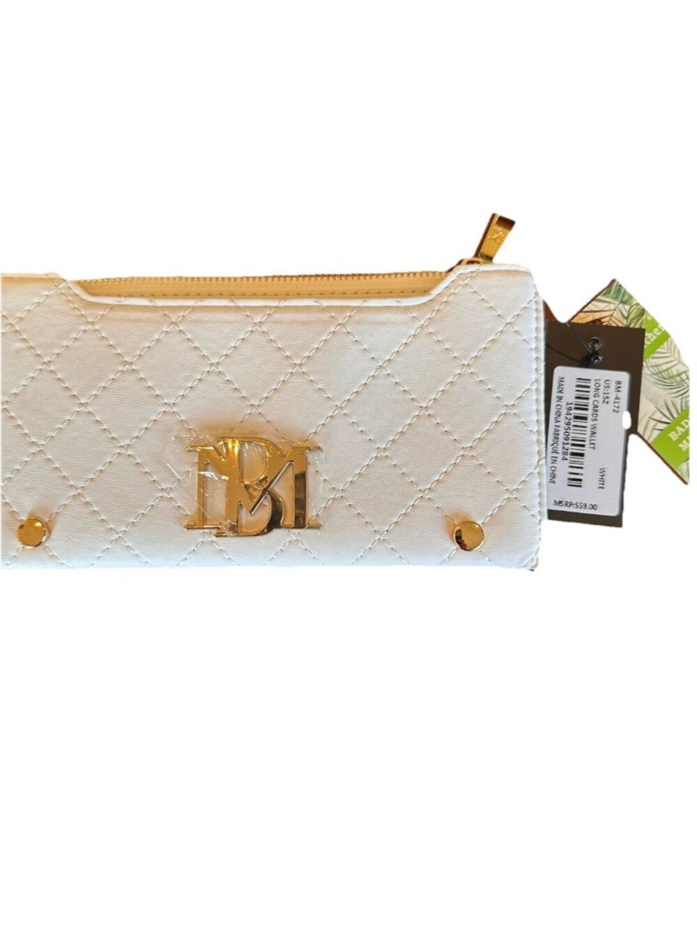 NWT Badgley Mischka White Diamond Quilted Long Zip Around Wallet Gold Detail
